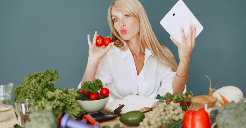 Vlogger promoting healthy eating with fresh vegetables on the table.