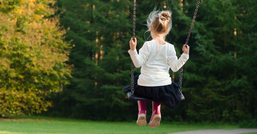Young girl swinging in the park, surrounded by lush greenery on a sunny day.